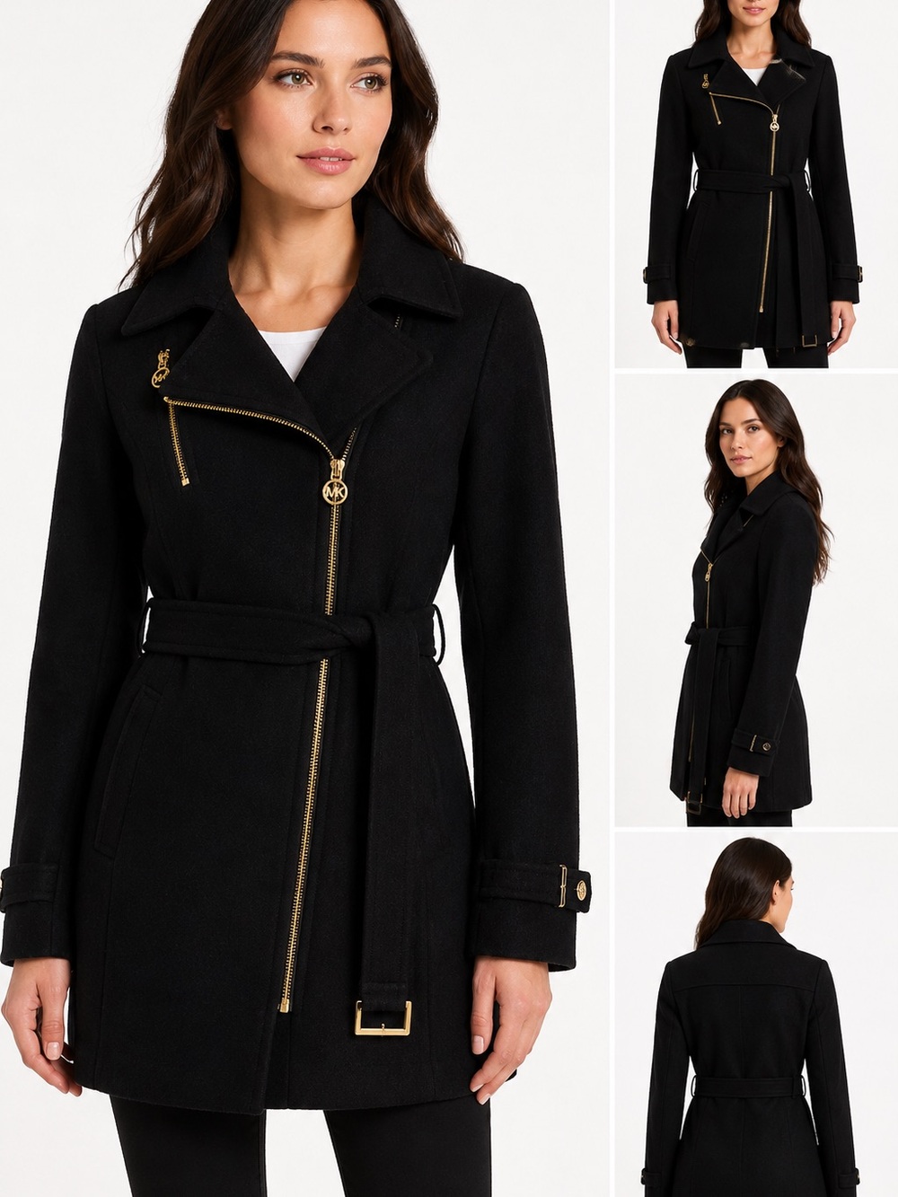 MICHAEL Michael Kors Black Wool Trench Coat with Gold Hardware